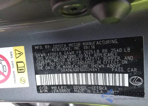 2016 Lexus Es 350 z USA, uszkodzony, nr VIN 58ABK1GG1GU034841